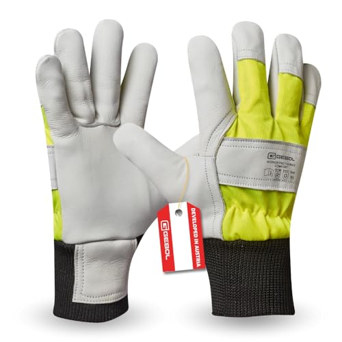 Gebol Worker Pro Thermo Comfort, 1 Paar Arbeitshandschuhe aus 1,2 mm Rindsvollleder, Kälteschutz, Winter-Handschuhe mit Thermo-Innenfutter & Neongelb Sichtbarkeit, für Herren, Gr. L/9