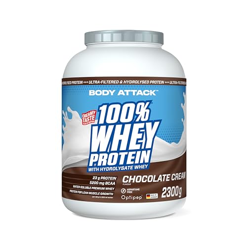 Body Attack 100% Whey Protein - Chocolate, 2,3 kg - Made in Germany - extra cremiges Eiweißpulver mit Hydrolysat und BCAA´s, unterstützt Muskelaufbau und Diäten, für alle Sportler & Athleten