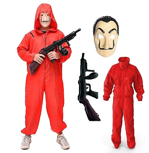 TK Gruppe Timo Klingler 3 in 1 Unisex Kostüm Set - Haus des Geldes für Erwachsene Unisex mit Dali Salvador Maske, Gewehr, Anzug für Fasching & Halloween (XL-XXL / 180-200 cm)