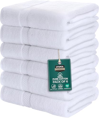Utopia Towels - 6er-Pack mittelgroße Badetücher aus 100% Baumwolle mit Aufhängeschlaufen, 60x120 cm Duschtuch, weiche und saugfähige Handtücher (Weiß)