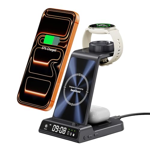 3 in 1 Kabellose Ladestation für Garmin Uhr Vivoactive/Venu/Forerunner/Instinct/Fenix/Epix 2, Ladegerät Ständer für Samsung S25/S24, für iPhone Air/17/16, für AirPods, für Galaxy Buds3 (Ohne Adapter)