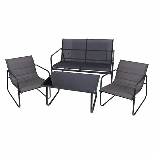 Nexos Trading Astoria Sitzgarnitur Gartengarnitur 1 Bank 2 Stühle 1 Glastisch Garten-Set – Farbe: grau -Gartenmöbel-Set Balkonset Terrassenmöbel Sitzgruppe