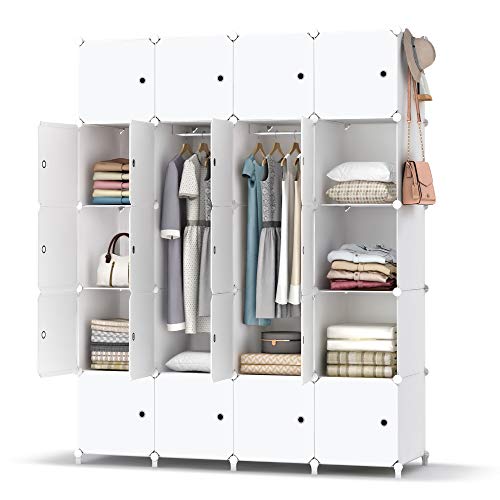 HOMIDEC Kleiderschrank, Tragbarer Regalsystem, 20 Würfel Schrank aus Kunststoff mit 2 Kleiderstange, Schlafzimmerschrank kleiderschrank Weiss für Schlafzimmer,180 x 142 x 45cm