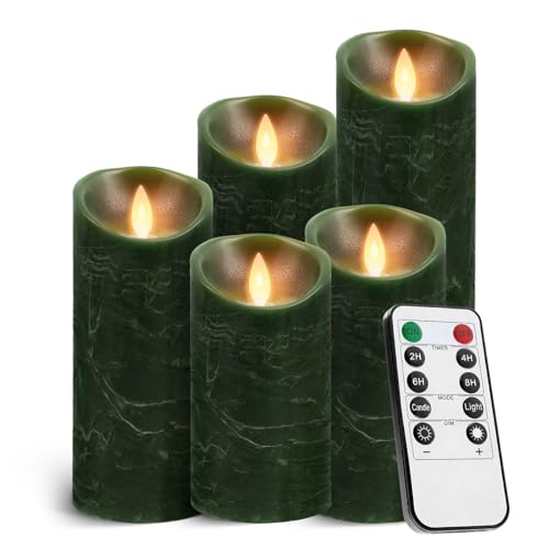RanBluu 5er Set LED Kerzen mit Timer, elektrische flackernde batterie betriebene Kerzen, LED Säulenkerzen, für Camping, Hochzeiten, Home Deco, Grün