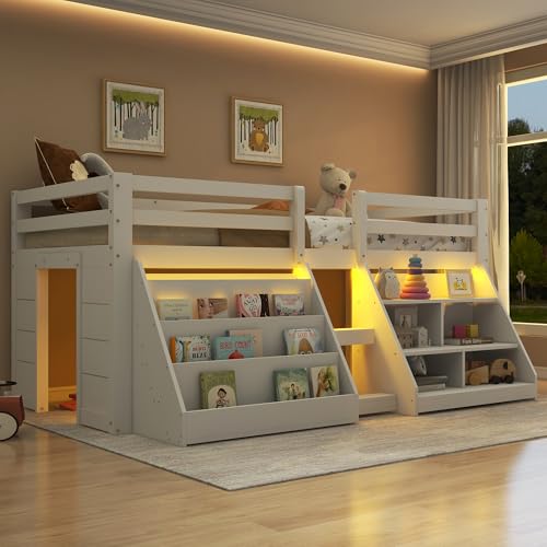 Kinderbett Halbhohes Hochbett 90x200, Holzbett mit LED-Beleuchtung & Mehrere Einlegeböden & Leiter, Einzelbett Jugendbett Bettgestell mit Lattenrost & Rausfallschutz, Kiefernholz, Ohne Matratze, Weiß