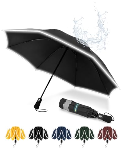 Chakipee Regenschirm Groß Sturmfest Reflektierend für Herren und Damen – Taschenschirm Automatik Auf und Zu Reise Schirm Kompakter Tragbarer, Taschenschirme Schwarz 210T Beschichtung 106 cm Spannweite