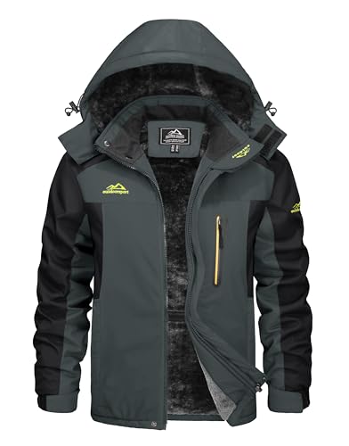KEFITEVD Übergangsjacke Herren Warm Winter Herrenjacke mit Kapuze Fleecejacke Wasserabweisend Winterparka Männer Angelbekleidung Grau-Schwarz XL
