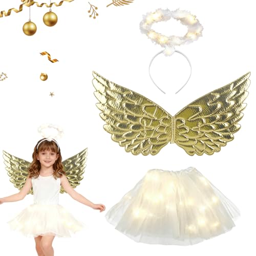 SPERMUOY Engelskostüm kinder,Engelsflügel gold kostüm mädchen mit Engelsrock und engel haarreif, goldene Flügel Kostüm für Halloween Karneval Cosplay Fasching (golden)