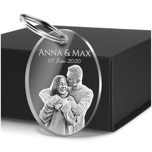 CHRISCK design Schlüsselanhänger personalisiert mit Foto und Gravur - Anhänger mit Fotogravur - Personalisierte Geschenke Freund Freundin - Fotogeschenk Geburtstag Jahrestag