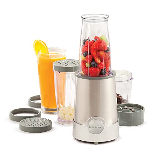 bella Raketenmixer in persönlicher Größe, perfekt für Smoothies, Shakes und gesunde Getränke, leicht zu mahlen, Basis mit 285-W-Motor, 12-teiliges Mixer-Set, Edelstahl