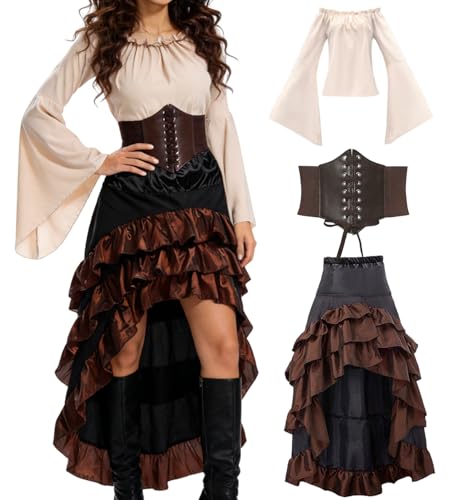 minkasic Mittelalter Piratenkostüm Set Mittelalter Kleid Damen mit Piraten Korsett Oberteil Rock Faschingskostüm für Halloween Karneval Cosplay (Braun, S)