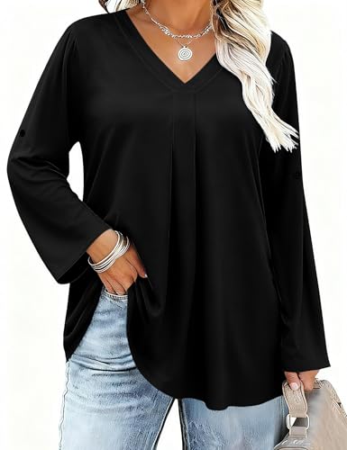 Damen Plus Size Bluse 3/4 Langerm V-Ausschnitt Sommer Tops Locker Tunika Große Größen Shirt Elegant Oberteil (Schwarz,2XL)