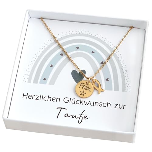 Taufkette mit Fisch Anhänger Gold Silber Namenskette mit Gravur Geschenk Taufe Kommunion Konfirmation Taufgeschenk Mädchen Junge Patenkind mit Geschenkschachtel