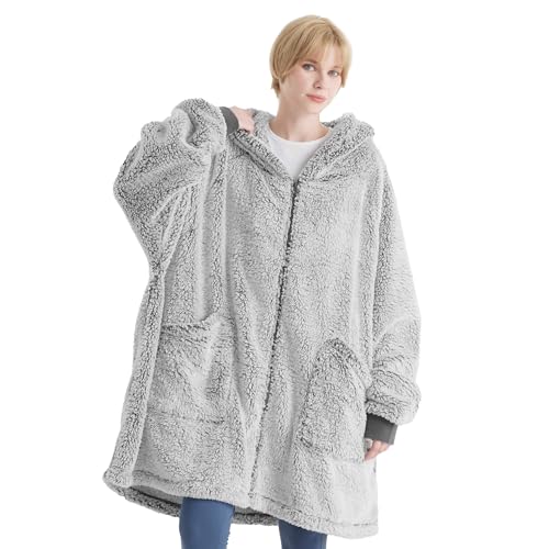BEDSURE Hoodie Decke mit Ärmeln - Kuscheldecke mit Ärmeln übergroße Pullover Mit Reißverschluss, Sherpa Kuschelpullover Loungewear Sweatshirt Lang, Weihnachtsgeschenke für Frauen Herren Damen, Grau