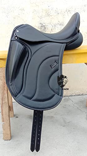 WILD RACE Leather Dressage Mono Flap Changeable Gullets Saddle, Black 17