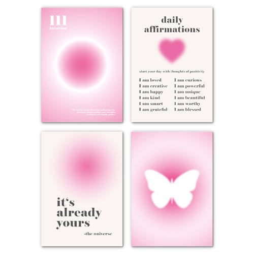 LAVEMA Aesthetic Bilder Aura Deko Poster 4er Set (30x42cm) ohne Rahmen | Rosa Teenager Pink Mädchen Decor Wandbilder Schlafzimmer Wohnzimmer Clean Ästhetik Affirmationen