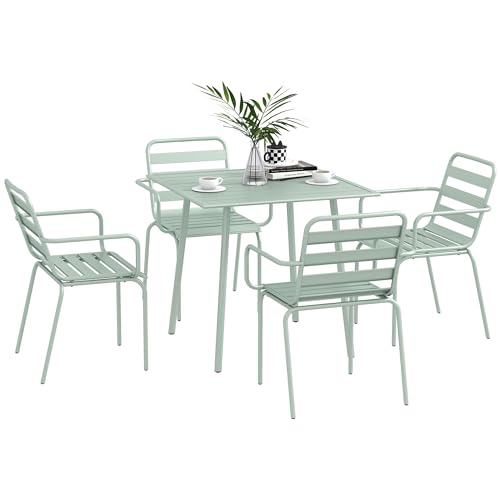 Outsunny 5 TLG. Sitzgruppe, Gartenmöbel-Set mit 1 Esstisch, 4 Stapelstühlen, Sitzgarnitur Gartengarnitur, für Balkon, Terrasse, Stahl, Grün