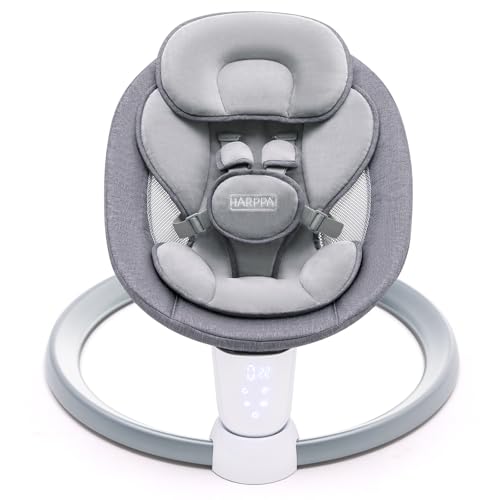 HARPPA Babywippe, Babyschaukel für Kinder bis 9 kg, Elektrische Babywippe mit Fernbedienung & Kabelloser Musikfunktion, 3 Timer-Modi, 5-Punkt-Sicherheitsgurt, mit 10 voreingestellte Melodien