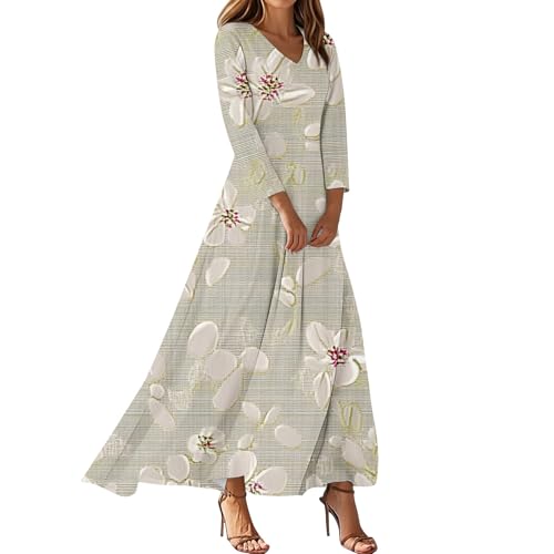 Generisch Herbstkleid Damen Lang Boho Kleid V-Ausschnitt Maxikleid 3/4 Ärmel Tunika Kleid mit Tasche Blumenkleid Elegant Kleider Herbst Schickes Lockeres Freizeitkleid Khaki 1 M