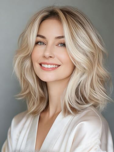 Webshaiy Platinum Blonde Perücke Damen Schulterlange Lockige Gewellte Gestufte Bob Perücke mit Pony, Echter Spitzenkopfhaut Synthetische Perücken für Dünnes Haar/Grauabdeckung Täglichen Gebrauch
