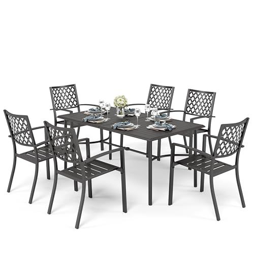 PHI VILLA Gartenmöbel Set Metall 6 stühle mit Tisch Wetterfest E-Coating Rechteckiger Metall-Esstisch mit Stapelbare Stühle Terrassenmöbel Set Balkon Outdoor Bistro Möbel Sets Schwarz