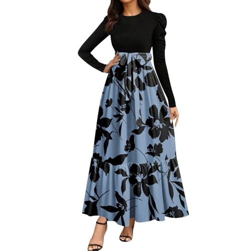 Herbstkleid Damen Elegant Langarm Abendkleider Rundhals Maxikleid A-Linie Boho Blumenkleid Casual Tunika Kleid Hohe Taille Wickelkleid Freizeitkleid Elastischem Bund 2#Hellblau XL