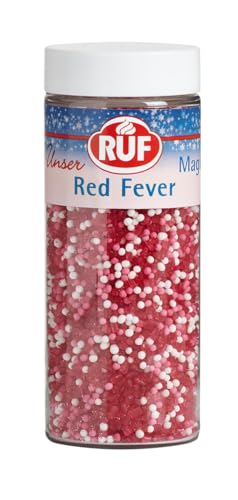 RUF Red Fever Streusel, glänzende Torten-Deko, Zucker-Perlen in rosa weiß und schimmernde rote Zucker-Kristalle, zum Verzieren von Plätzchen, Cupcakes Deko