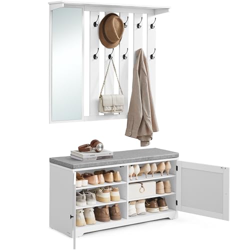 VASAGLE Schuhbank Wandgarderobe Set, Garderobe mit Spiegel, 10 Doppelhaken, Schuhschrank mit verstellbaren Ablagen, Doppeltüren, Sitzbank, Sitzpolster abnehmbar, 101 cm breit, wolkenweiß LSC011W01