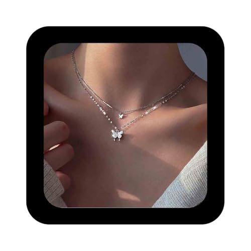Cimenexe Bohème Schmetterling Anhänger Halskette Choker Silber Kristall Choker Halskette Geschichtet Spitze Kette Halskette Insekt Kette Halskette Schmuck für Frauen