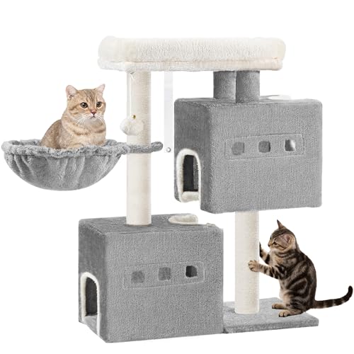 Hzuaneri Kratzbaum, 75 cm Stabil Katzenbaum, Katzenkratzbaum mit Großer Liegefläche, Katzenhöhle, Sisalstämme, Korb, Plüschbälle, Katzenmöbel Spielbaum, Hellgrau MS07618LG