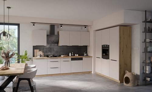 Küche Solano 280 + 180 cm Küchenzeile Küchenblock Einbauküche Kaschmir beige matt + Eiche Artisan matt