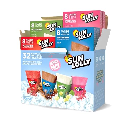 Sun Lolly Wassereis Mixbox mit 4 Sorten | Erdbeere, Cola, Weintraube, Himbeere | Mit Fruchtsaft | Zum Selbsteinfrieren | Ohne künstliche Aromen | Praktisch als Familienbox | 4 x 8 x 60ml