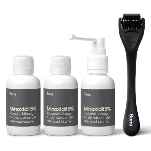 Sons Minoxidil 5% Lösung (3x60ml) mit 0.25mm Derma Roller für Männer bei Haarausfall, Klinisch bewährte Behandlung, für Haarwachstum, präzisem Pumpspender, Microneedling erhöht die Aufnahme, 3 Monate