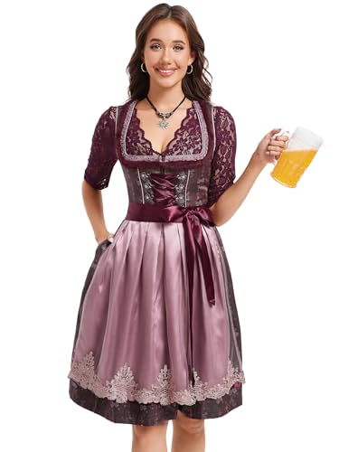 KOJOOIN Dirndl Damen Trachtenkleid Weinrot Dirndlkleid Midi Jacquard Trachtenrock Oktoberfest Outfit mit Dirndlschürzen Weinrot 46