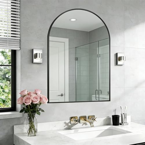 devesanter Spiegel für Bad,60 x 90 cm gewölbter Spiegel,Aluminiumrahmen,Kann schräg montiert oder hängend angebracht Werden,einfache Montage,für Wohn,Schlaf- und Badezimmer,Schwarz