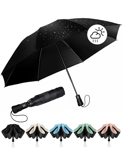Chakipee Regenschirm Groß Sturmfest Kompakter Reise für Damen und Herren– Automatik Auf und Zu Taschenschirm Tragbarer UV-Schirm, Taschenschirme Schwarz 210T Beschichtung 97 cm Spannweite 8 Rippen