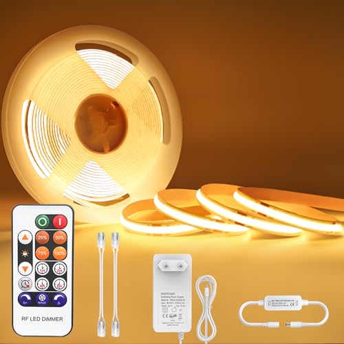 COB LED Streifen 5M Warmweiß, 3000K Led Strip Dimmbar 24V, Lichtband led selbstklebend Wasserdicht, Licht leiste mit Fernbedienung und Netzteil, Band 5m indirekte beleuchtung TV Küche Wohnzimmer DIY
