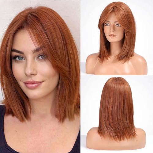 HAIRCUBE Damen Perücke 16 Zoll Auburn Mit Vorhang Pony - Synthetische Wellenperücke für Täglich und Cosplay