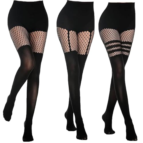 PangWuu 3 Stück Netzstrumpfhose Schwarz, Damen Fishnet Stockings mit Hoher Taille, Schwarz Blickdichte Netzstrümpfe, Sexy Strumpfhosen für Alltag und Party, Bequem und Atmungsaktiv Strumpfhose