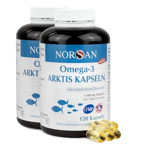 NORSAN Premium Omega-3 Arktis Dorschöl Kapseln 2x120 Kapseln - 1.500 mg Omega-3 pro Portion - Fischöl Kapseln aus nachhaltigem Wildfang