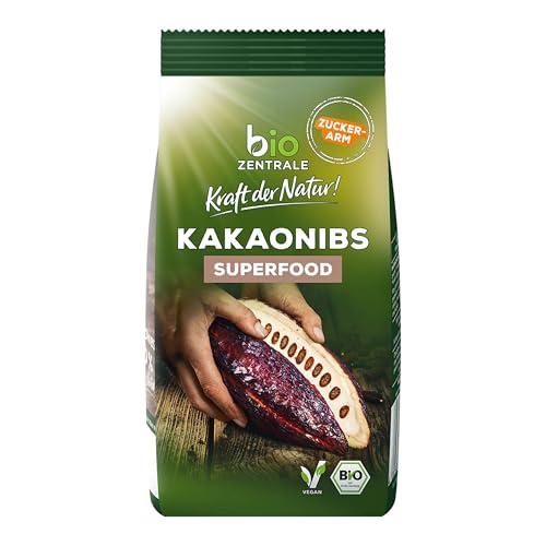 biozentrale Kakaonibs | 200 g Bio Superfood | zuckerarme, geröstete Kakaobohnenstückchen | zum Verfeinern von Müslis, Smoothies und mehr