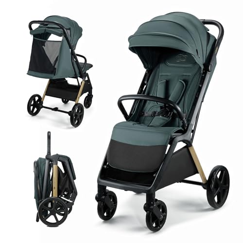 Kinderkraft LOOM Buggy bis 27 kg, Kinderwagen, vergrößerte Verdeck, Gepolsterte Räder, liegende Position, geringe Gewicht - 9kg geräumige Korb, kompakten Abmessungen, Grün