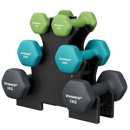 SONGMICS Kurzhantel Set, Hexagon, mit Hantelständer, 2 x 1 kg, 2 x 2 kg, 2 x 3 kg, mattes Finish, Neopren-Beschichtung, Krafttraining, zu Hause, limettengrün, aquamarin und dunkelgrau SYL612G02