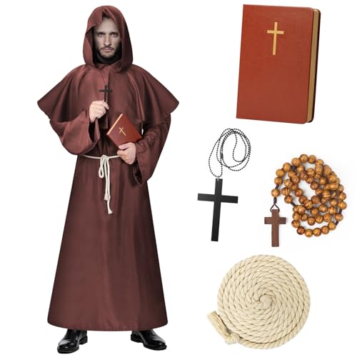 Lozzzyo Mönch Kostüm Herren, Faschingskostüme Männer Halloween Faschingskostüm Herren Pfarrer Mönch Robe & Mönchskutte,Mittelalter Priester Kostüm Fasching Karnevalskostüme Männer
