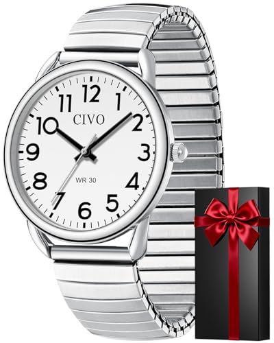 CIVO Gut Ablesbar Herren Uhren: Einfach Groß Ziffernblatt Armbanduhr - Wasserdicht Klassische Silber Analog Quarzuhr Geschenke für Senioren mit Sehschwäche