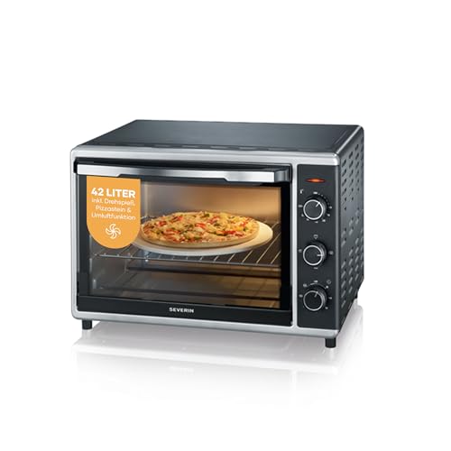 SEVERIN Back- und Toastofen mit Umluftfunktion, Mini Backofen mit Grillrost, Backblech, Drehspieß und Pizzastein, vielseitiger Heißluftofen mit 42 L Kapazität, 1.800 W, schwarz, TO 2058