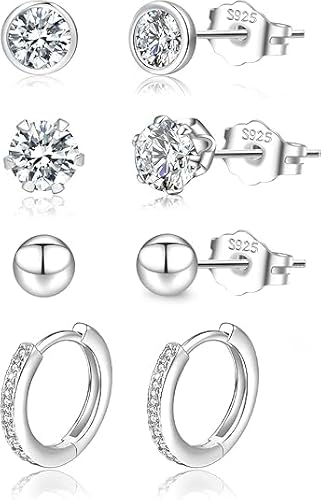 LOUMILEO Ohrstecker Silber 925 4 PaarSilber Ohrringe Damen Hypoallergen Cubic Zirkonia Ohrstecker Set ohrringe Silber 925 Stecker für mehrere Piercings