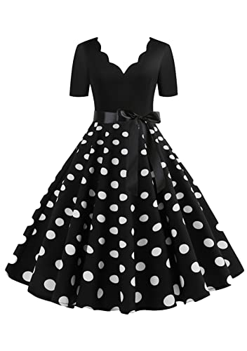 Yming Frauen V-Ausschnitt Kleider Elegantes Cocktailkleid Retro Rockabilly Kleid Audrey Hepburn Kleid Schwarz XL