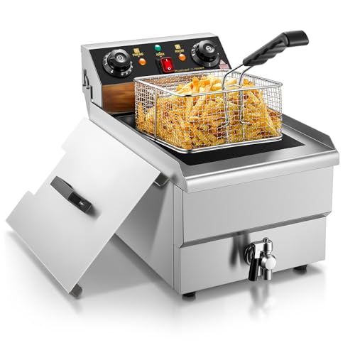 FOHERE 11L Elektrische Fritteuse mit Ölablass, 3000W Profi-Fritteuse mit Korb und Deckel, 60-Minuten-Timer, Temperaturregelung 60-200°C, ideal für Restaurant und private Küche