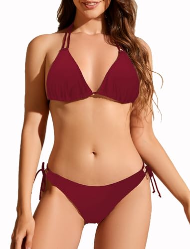 Giyaluzw Damen Bikini Set Sexy Brazilian Style, Triangel Bikinis Sport Strand Badeanzug für Frauen (DE/NL/SE/PL, Alphanumerisch, L, Regular, Regular, Weinrot)
